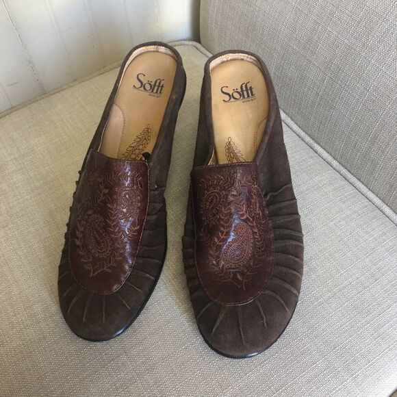Sofft-Brown Leather Slip On Heeled Mules Size 9 Bohemian Cowgirl Rounded Toe - Picture 2 of 7